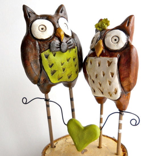 Rustic Wedding Cake Topper Woodland Owls in Brown and Green