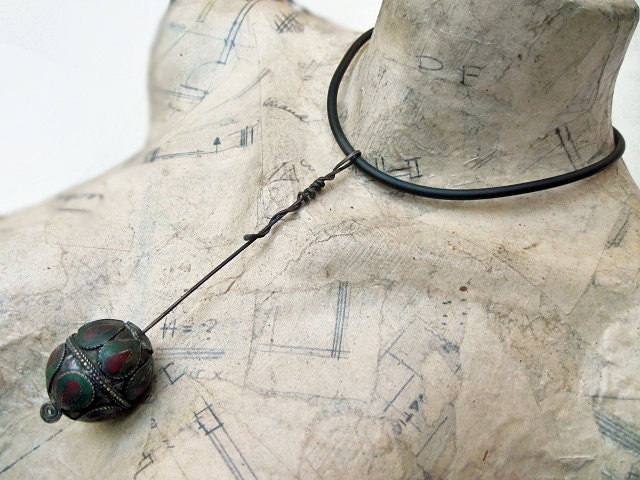 Dwell in Memory's Delights. Bold Antique and Contemporary Choker with Enameled Tribal Egg Bead Talisman..