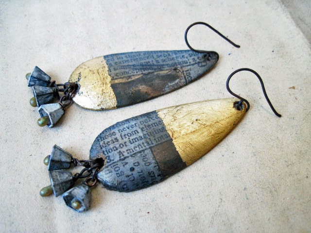 The Orphaned Mind. Asymmetrical Found Object Dangles with Decoupage and Gold Foil.