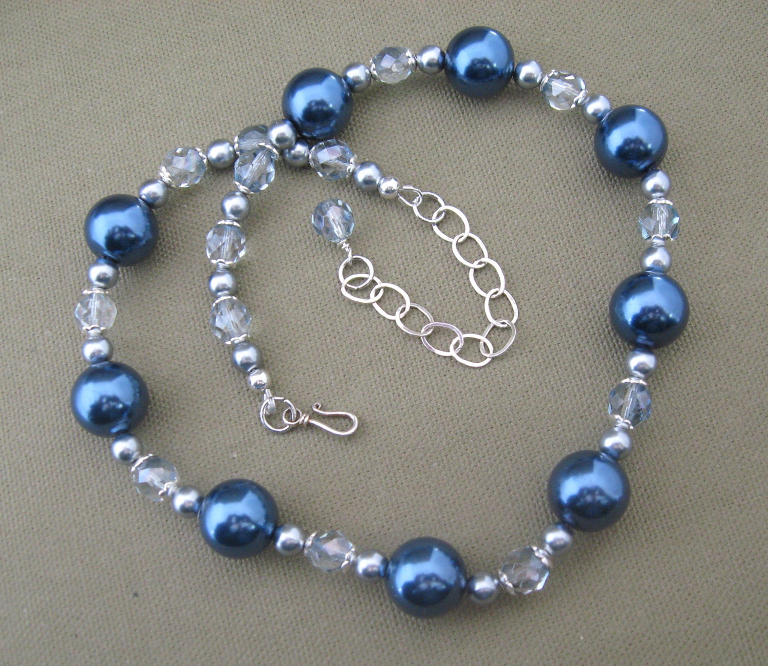 Steel Blue Pearl Crystal Sterling Necklace