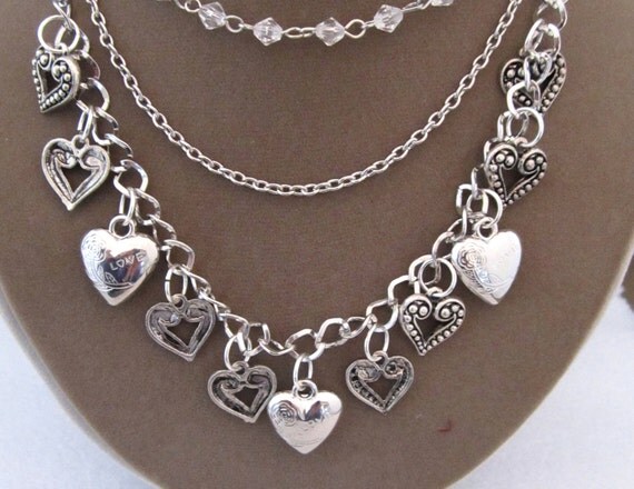 Silver Heart Charms Crystals Necklace Triple Strand