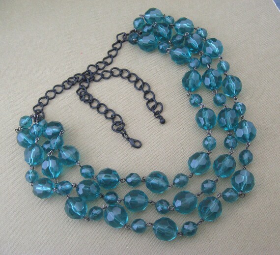 Teal Blue Crystal Black Chain Necklace Multi Strand Set