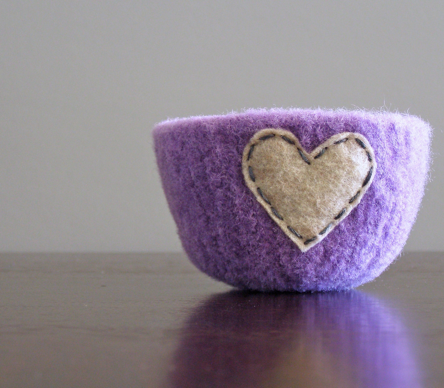 felted bowl -fuzzy felted lavender wool bowl with wheat eco felt heart - ring holder, catch all