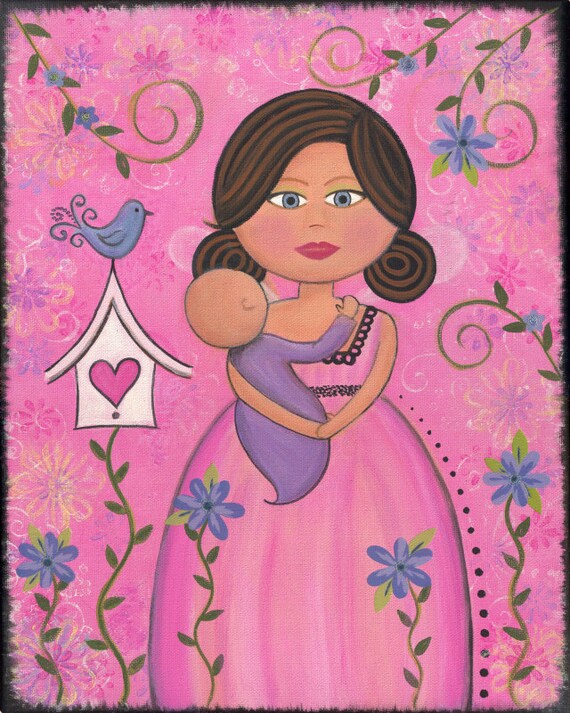 Mother & Baby w/ Bird House Kids Wall Art for Kids Room Art - Girls Kids Art Prints from Original Kids Paintings by TwoLittleWitches