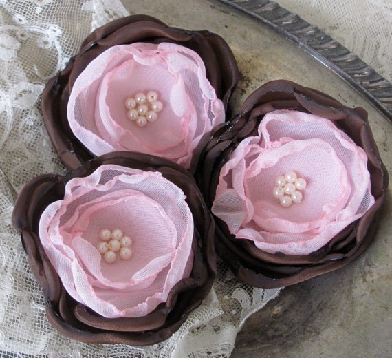 Fabric Flowers Set of 3 Chocolate Brown and Pink by My Broken Art on Etsy