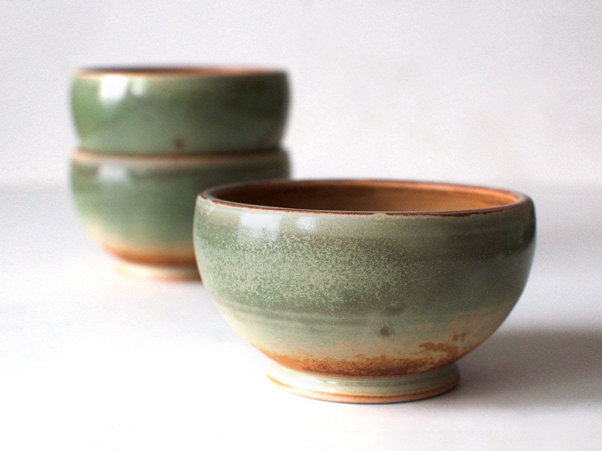 Trio of Green Bowls, Stoneware