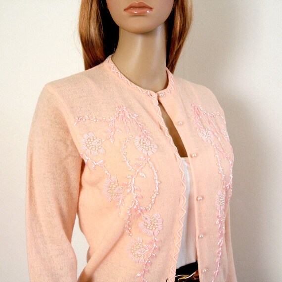 1950s 1960s Sweater Beaded Cardigan PEACHY PINK Lambswool Angora SM