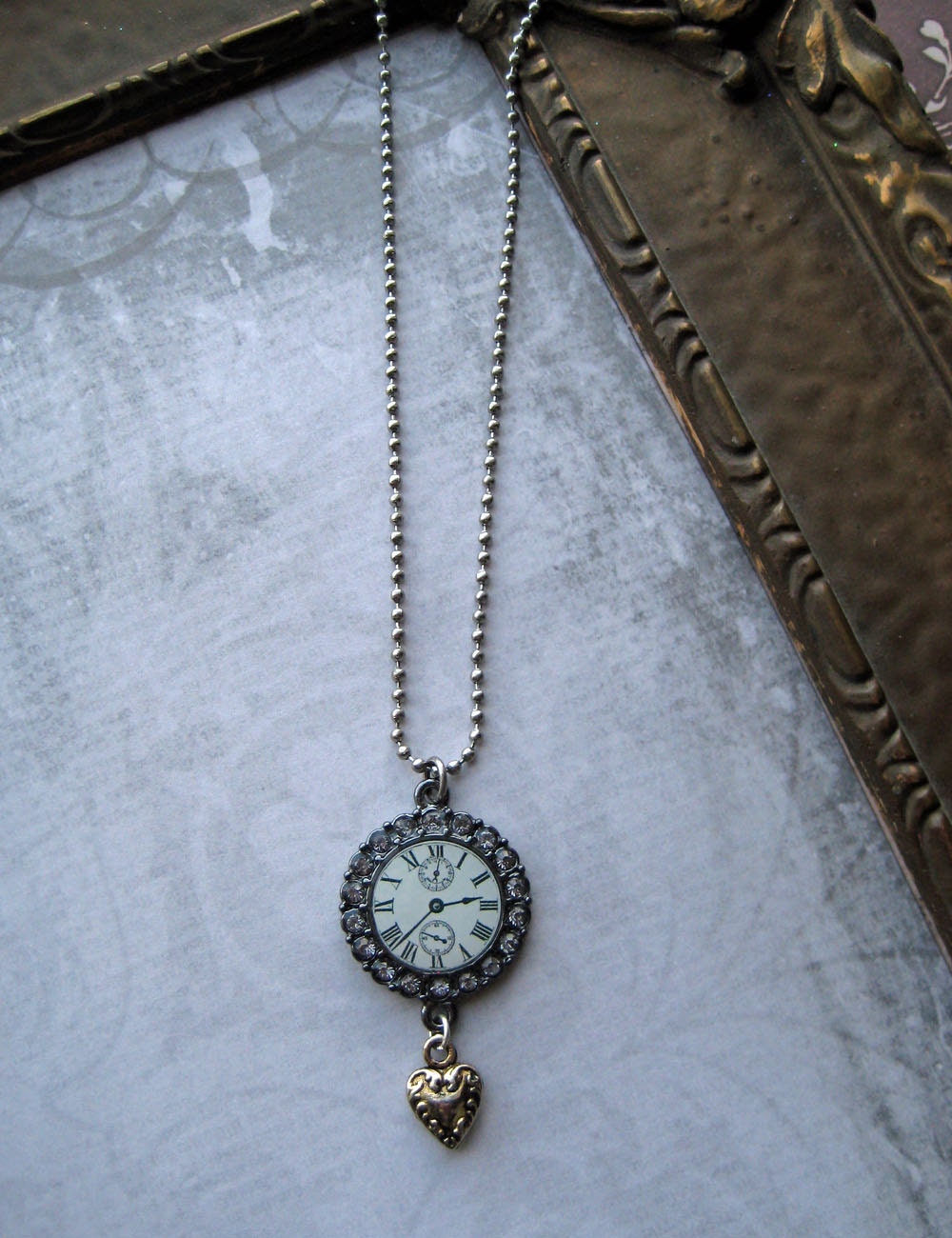 20% off EVERYTHING Steampunk Blue Rhinestone Clock choker Necklace silver heart charm vintage victorian