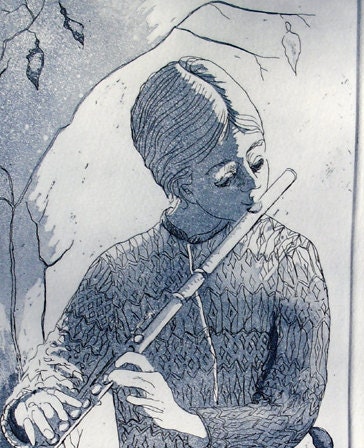 Vintage Handpulled intaglio print of Flute Player at VintageArtShow Vintage Handpulled intaglio print of Flute Player at VintageArtShow