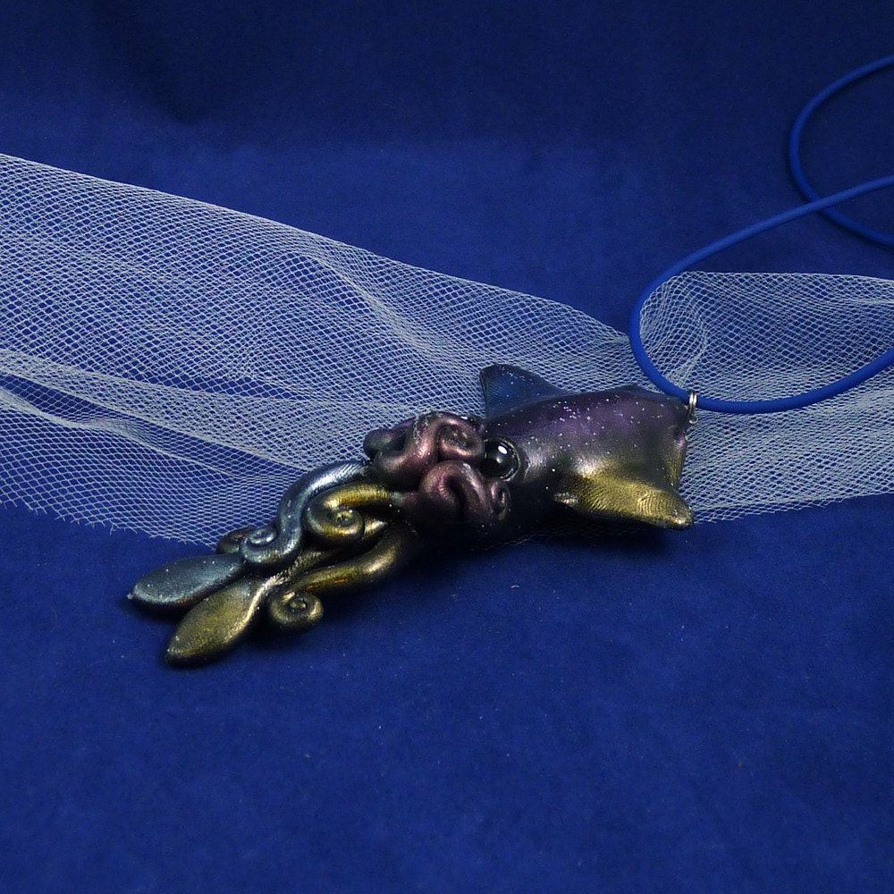 Deep Space Squid Necklace - Polymer Clay Cephalopod Jewelry