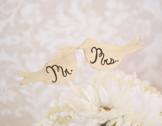 Wedding Cake Topper Love Birds Shabby Chic Wedding Decor Mr and Mrs