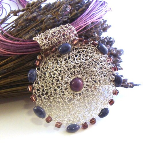 Crochet wire purple necklace silver violet beads linen OOAK
