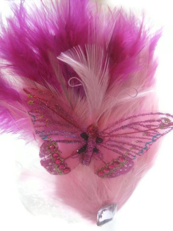 Pink fascinator hair comb glitter rhinestone butterfly