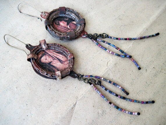 The Plague. Rustic Victorian Portrait Asymmetrical Assemblage Earrings.