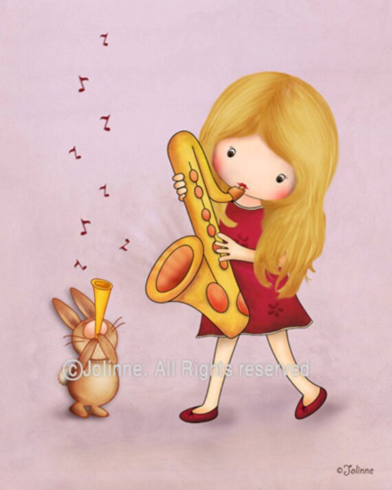 Children wall art print, kids room decoration, baby nursery art, light purple, music, bunny, girl, saxophone, trumpet