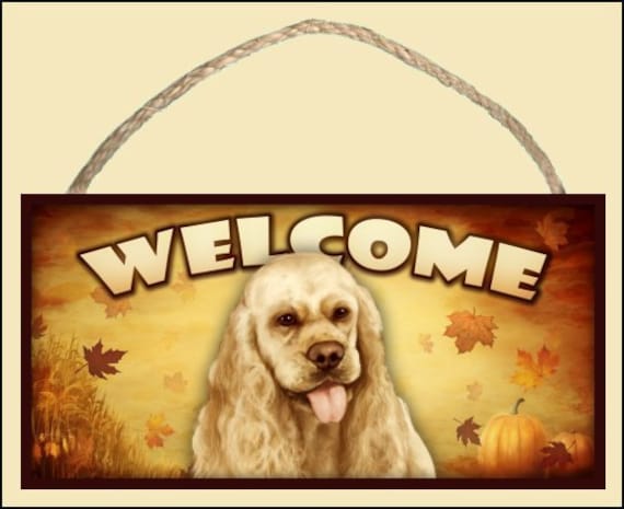 Cocker Spaniel (Tan) Fall / Autumn Season 10" x 5" Wooden Welcome Sign