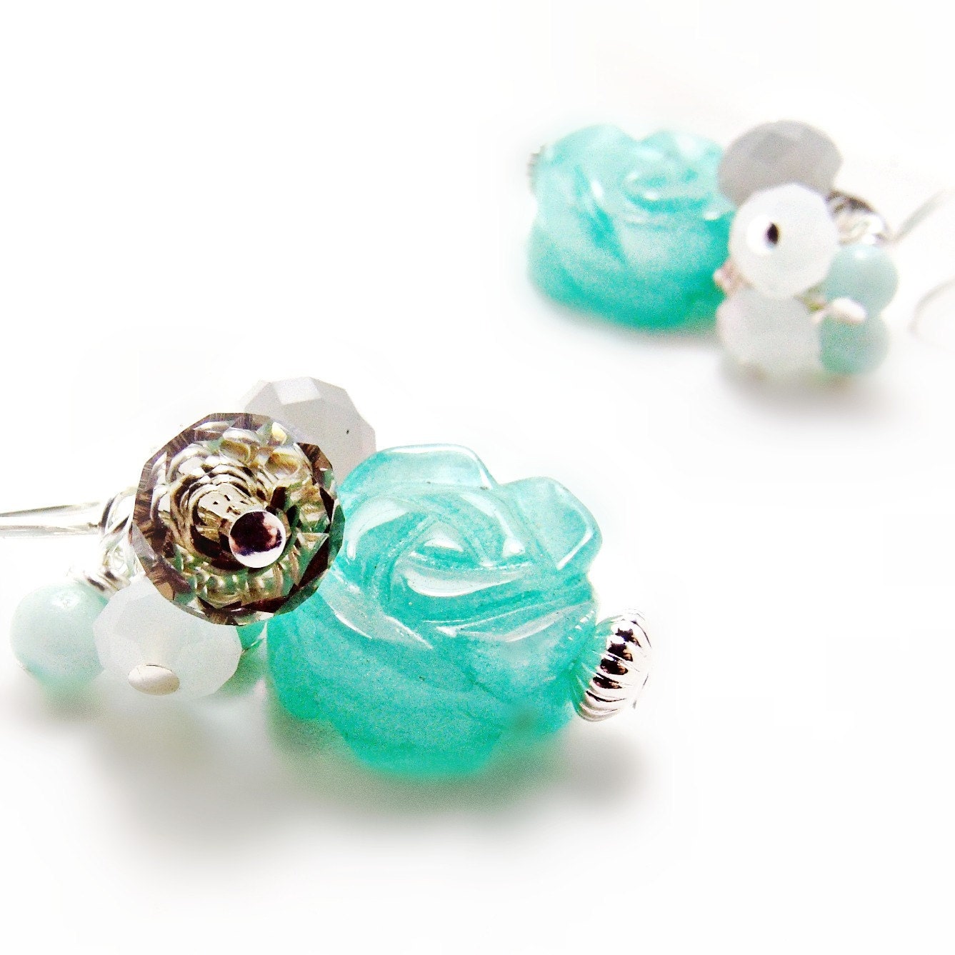 Aqua Blue Carved Jade Earrings w/ Smoky Quartz & Amazonite - Aqua Jewlery- Blue Jewlery- Shabby Chic- Flower Jewelry- Sterling Silver-