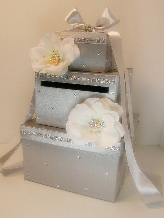 Silver Wedding Card Box with handmade flowers and Swarovski Crystals Pearls