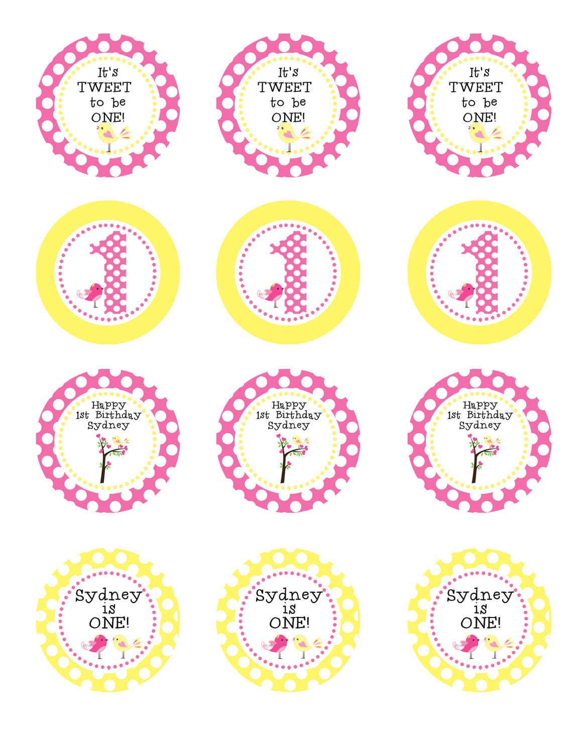 Sweet Tweet Bird Birthday Party Circles DIY Printable Personalized Cupcake Toppers Favor Tags 1st Birthday