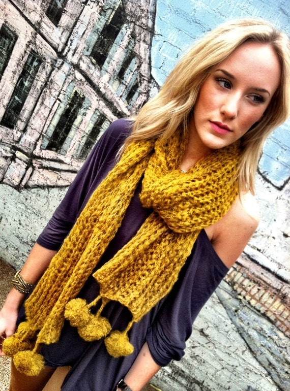 Knitted Pom Pom Scarf - Thick Mustard Yellow Scarf  SO soft and warm