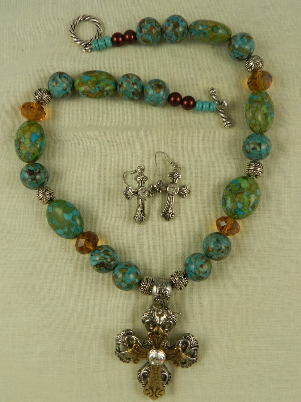 Brown Mosaic Magnesite Turquoise Ornate Cross  Necklace