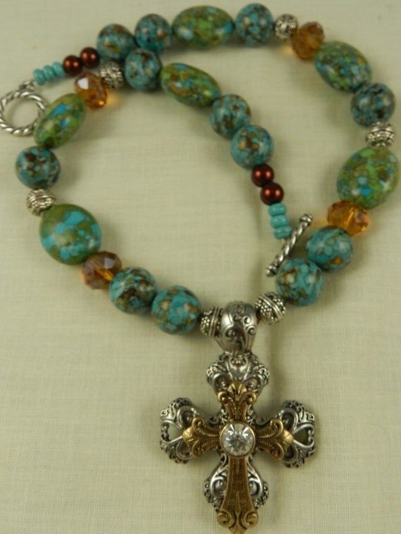 Brown Mosaic Magnesite Turquoise Ornate Cross  Necklace