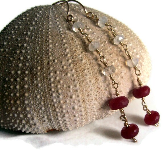 Ruby and moonstone gold drop earrings