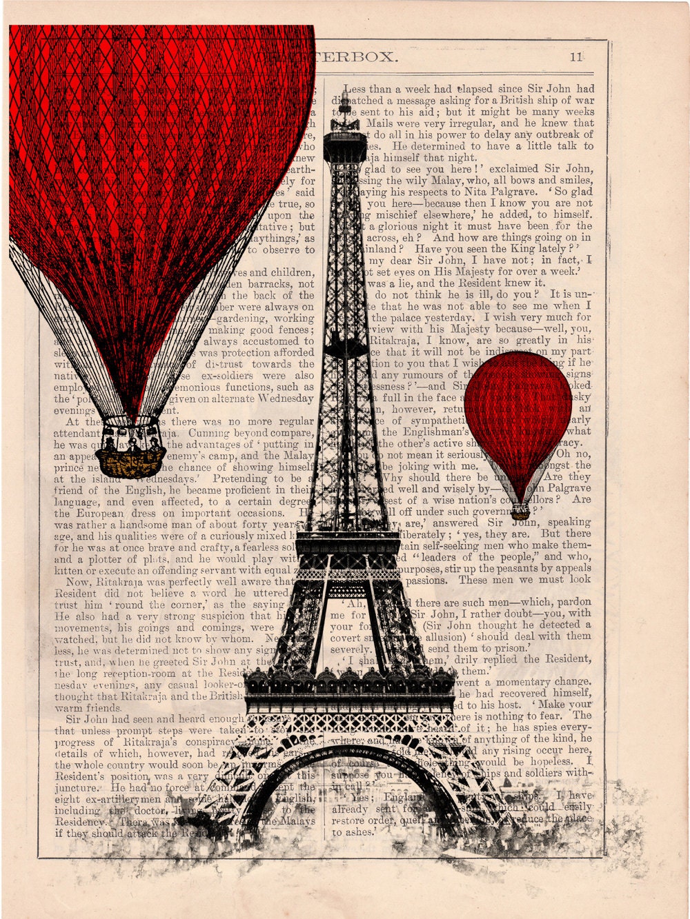 Vintage Book Print -  Eiffel Tower Balloon Ride Print on Vintage Book art