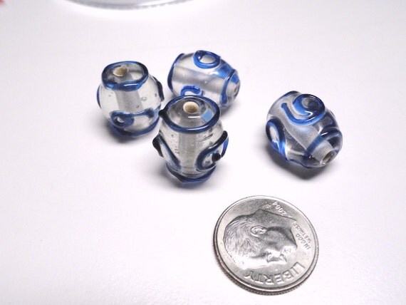 Blue Iced Glass Barrel Beads