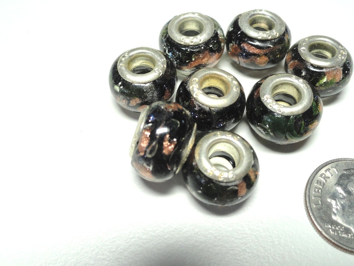 Black with Gold Foil Large Hole Pandora-Style Beads