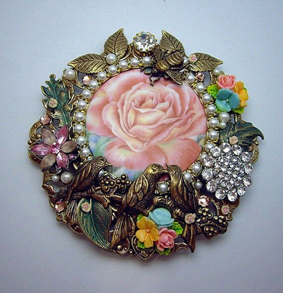 Pink Rose Love Birds Cameo Pin Brooch/Pendant OOAK Caroline Erbsland Signed BIG