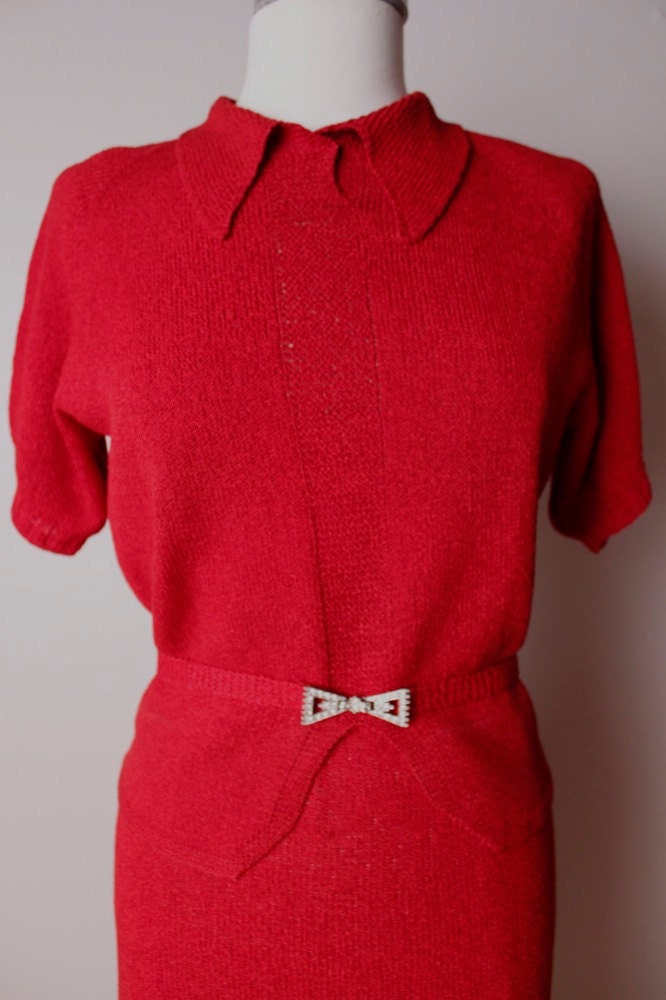 Vintage 1930's Sweater Shirt Skirt Set Dress Red Small