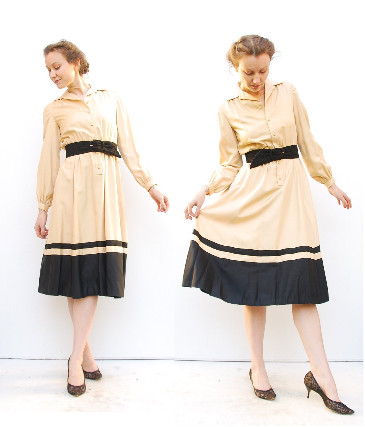 70s Secretary Dress - Silk Dress - Office Fashion - Champagne Dress - British Crown Colony Dress - 4 6 S