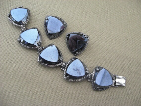 Vintage Bracelet Earrings Set Chunky Black Mirror Glass