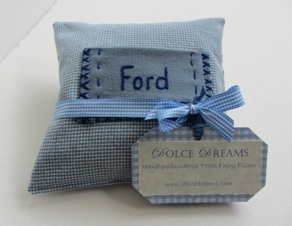 Tooth Fairy Pillow for Boys with Custom Hand Embroidery by Dolce Dreams