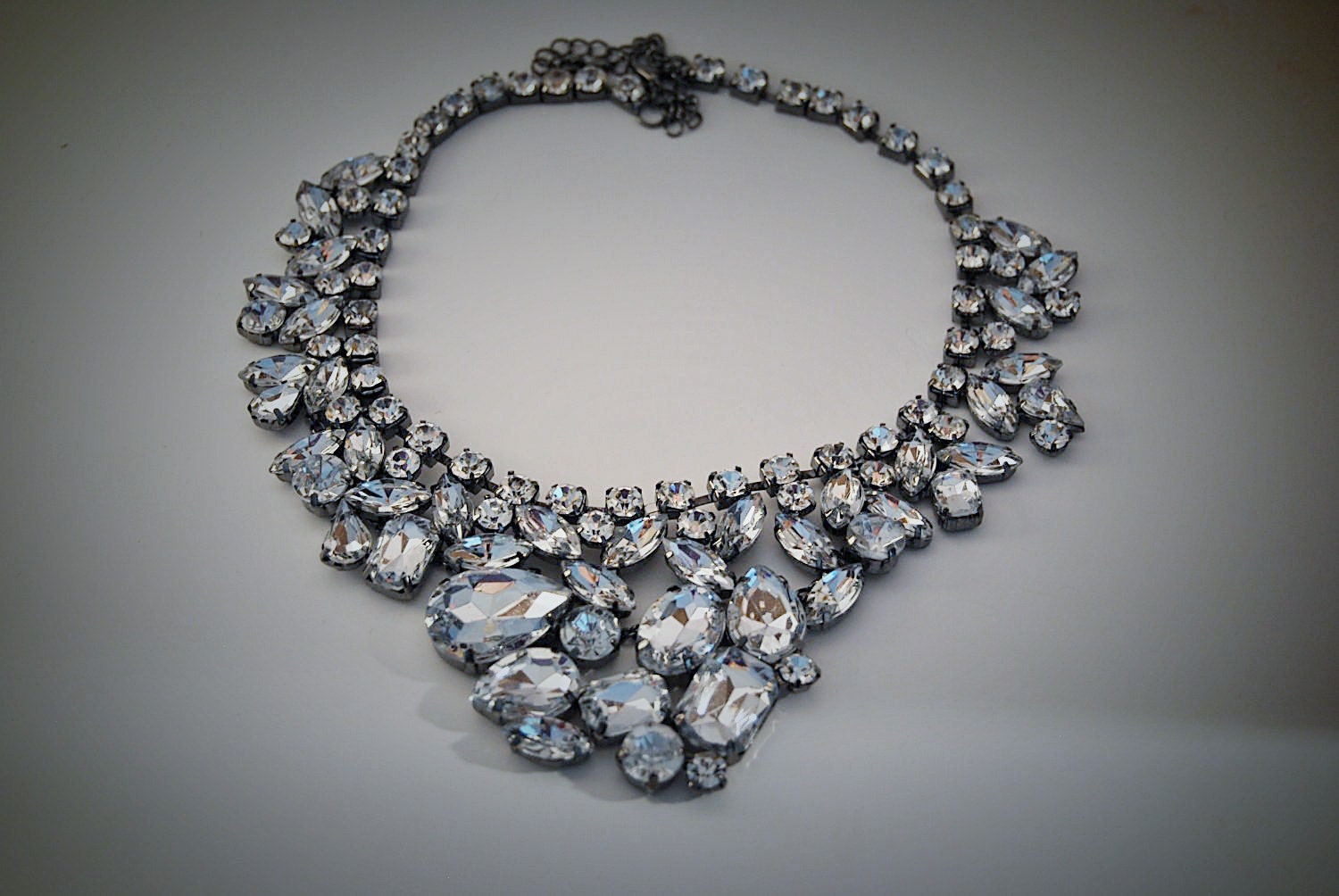 Bridal Statement Necklace - Antique Silver with Rhinestones