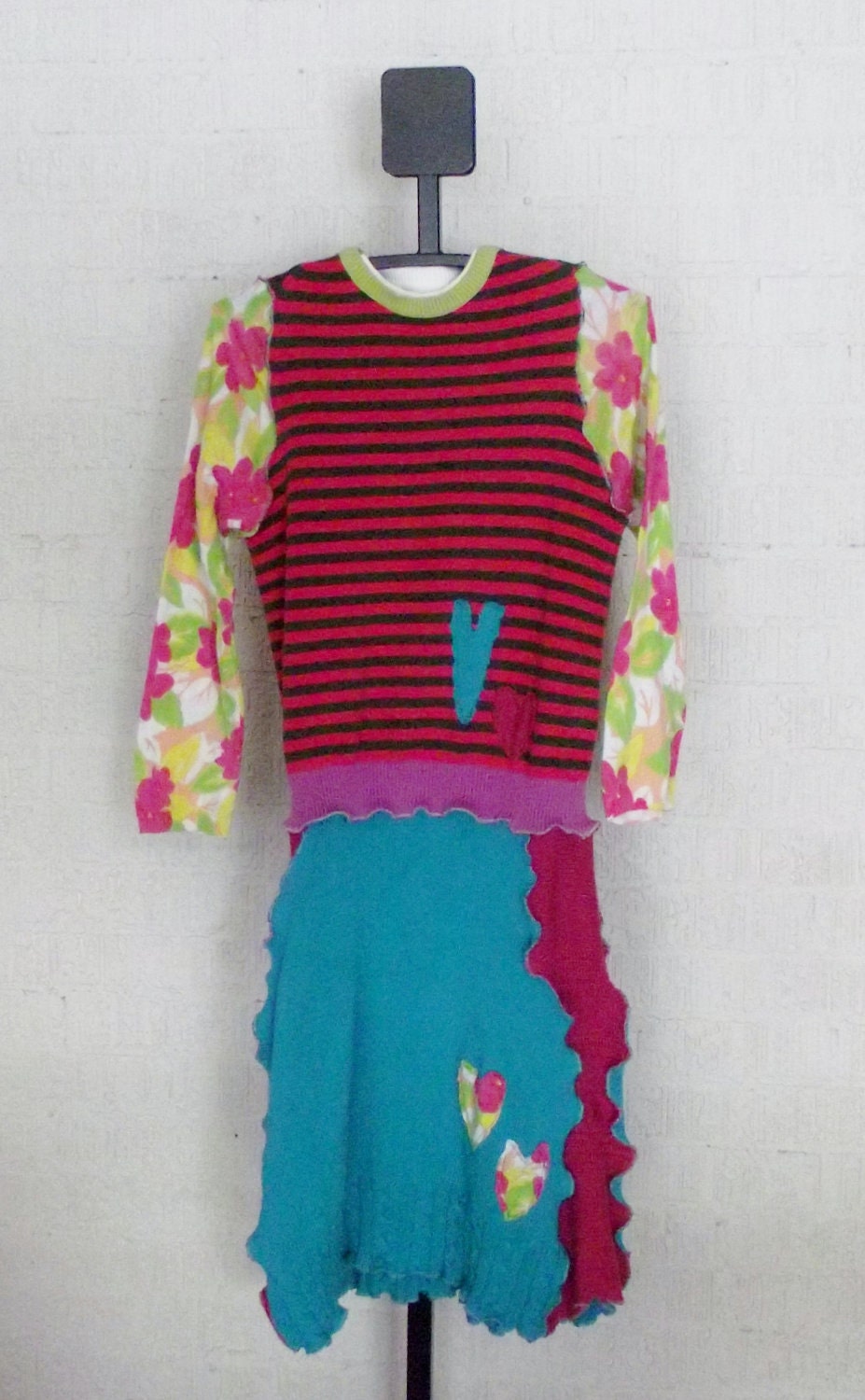 Girls Recycled Sweater Dress. This is a One Of A Kind (OOAK) in fun and bright colors, size 16 in Childrens