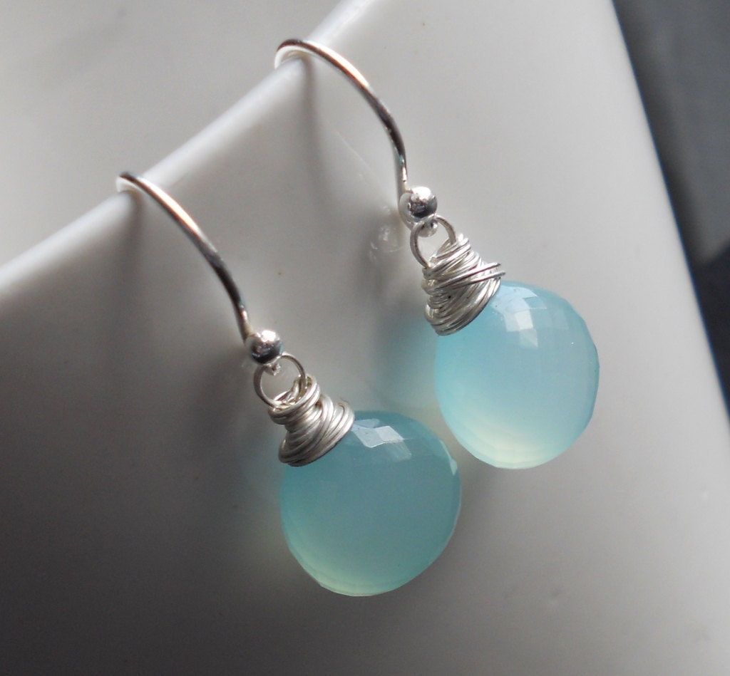Chalcedony Earrings - Sterling Silver Wire Wrapped Seafoam Chalcedony