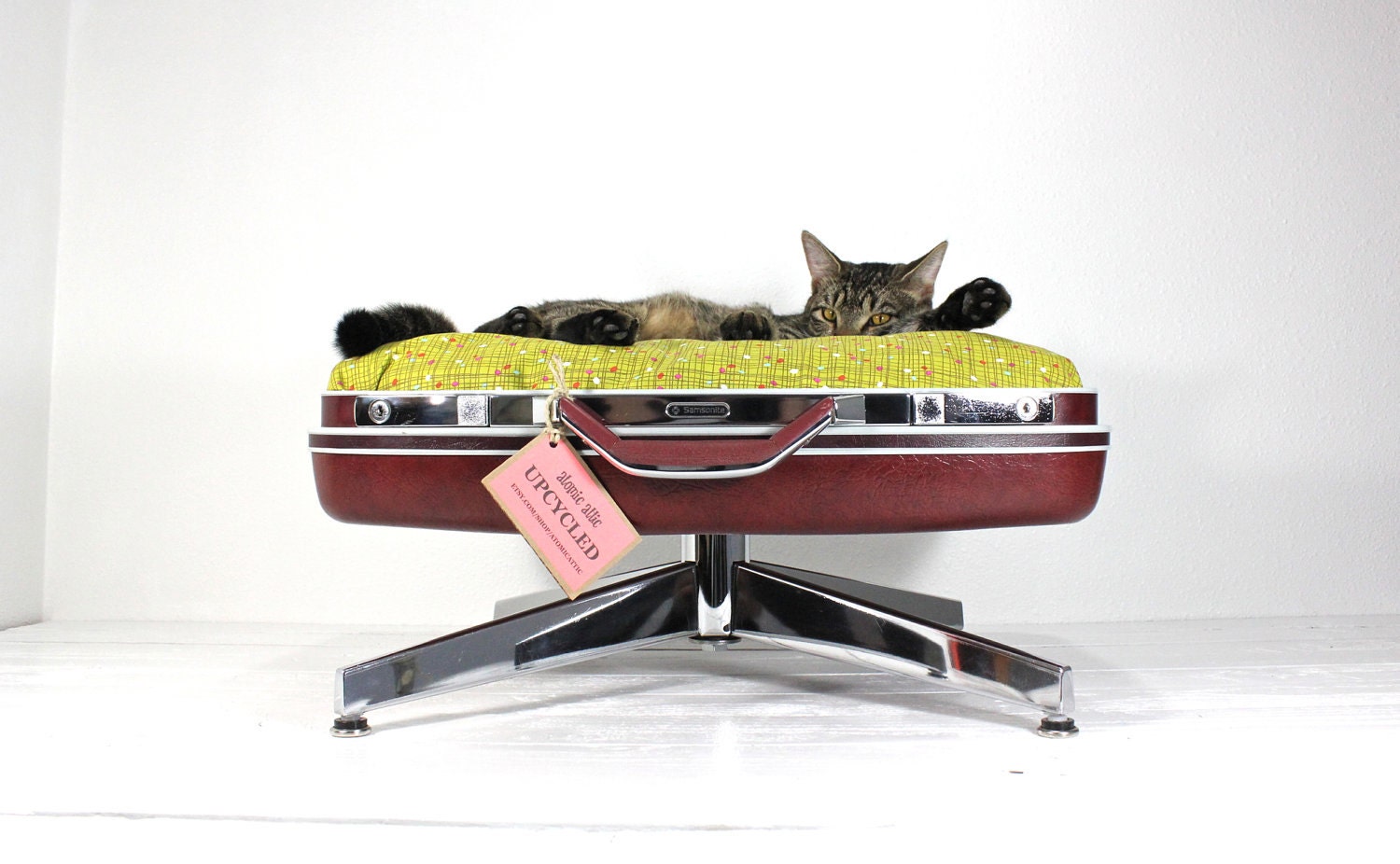 Upcycled Suitcase Pet Bed with Pedestal Base