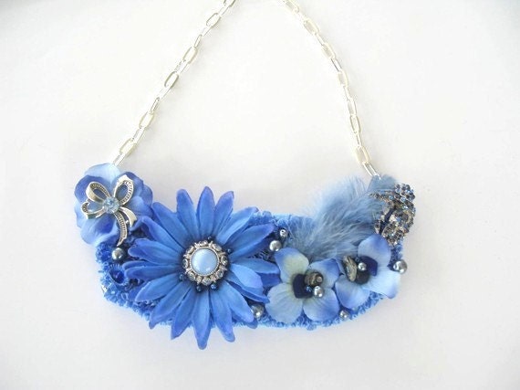 Blue Bib Seaglass Necklace floral vintage