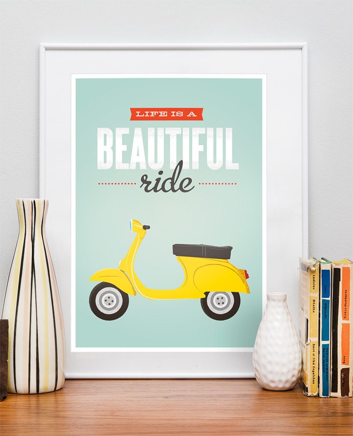 Retro Happy Art. Quotes print.  Typography poster.  VIntage 60s Bike poster.  Life is a Beautiful Ride. A3