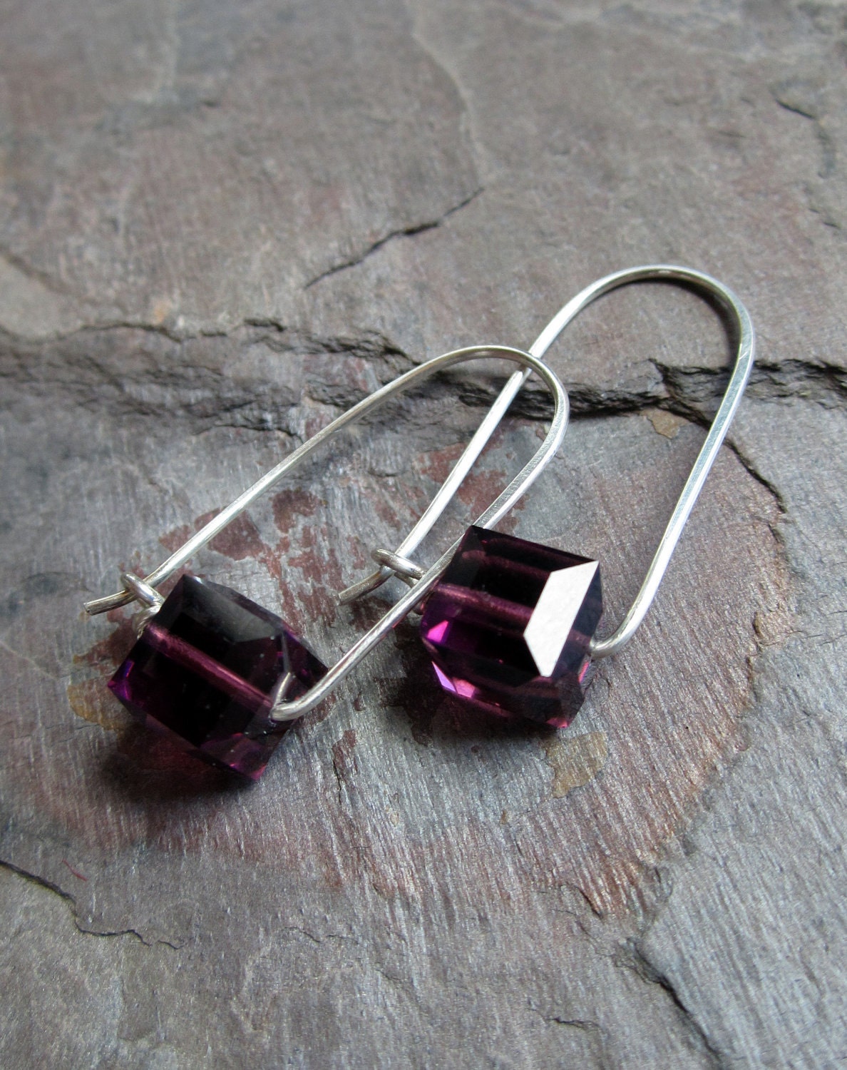 Belle Earrings - 8mm Swarovski Crystal Cubes & Sterling Silver, Amethyst