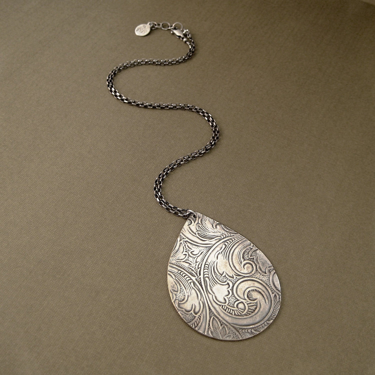 Teardrop Necklace By Roia O'Brien - Upcycled Antique Silver Tray - Repurposed Jewelry