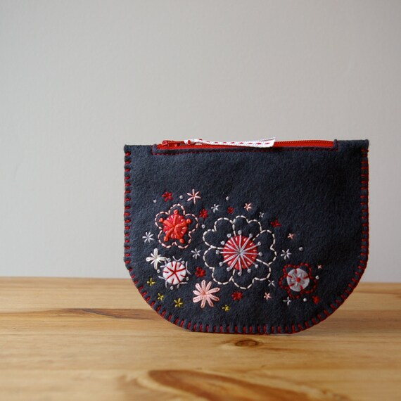 Sakura: Made To Order Hand Embroidered Wool Felt Coin Purse by LoftFullOfGoodies