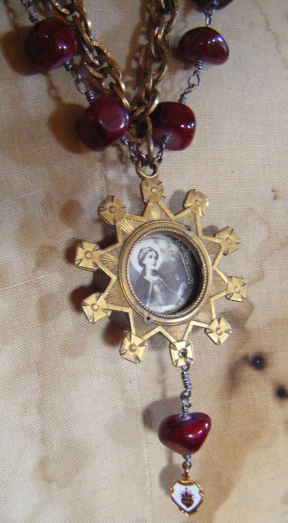 RESERVED Sacred Heart reliquary necklace Ave Maria Madonna vintage assemblage