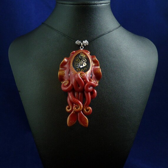 Gilded Steampunk Cuttlefish Necklace - Handmade Polymer Clay Jewelry