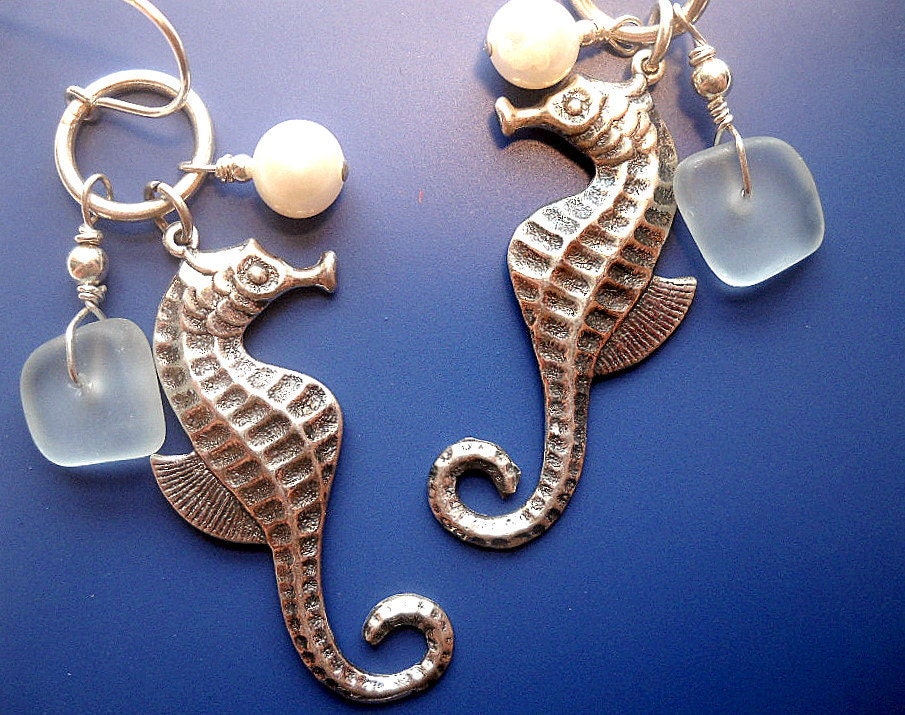 Sea Horses - Sterling Silver - Fresh Water Pearls - Beach Glass