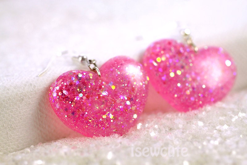 Pretty Pink Earrings - glitter dangle hearts very cute with a shimmery glittery sparkle... by isewcute