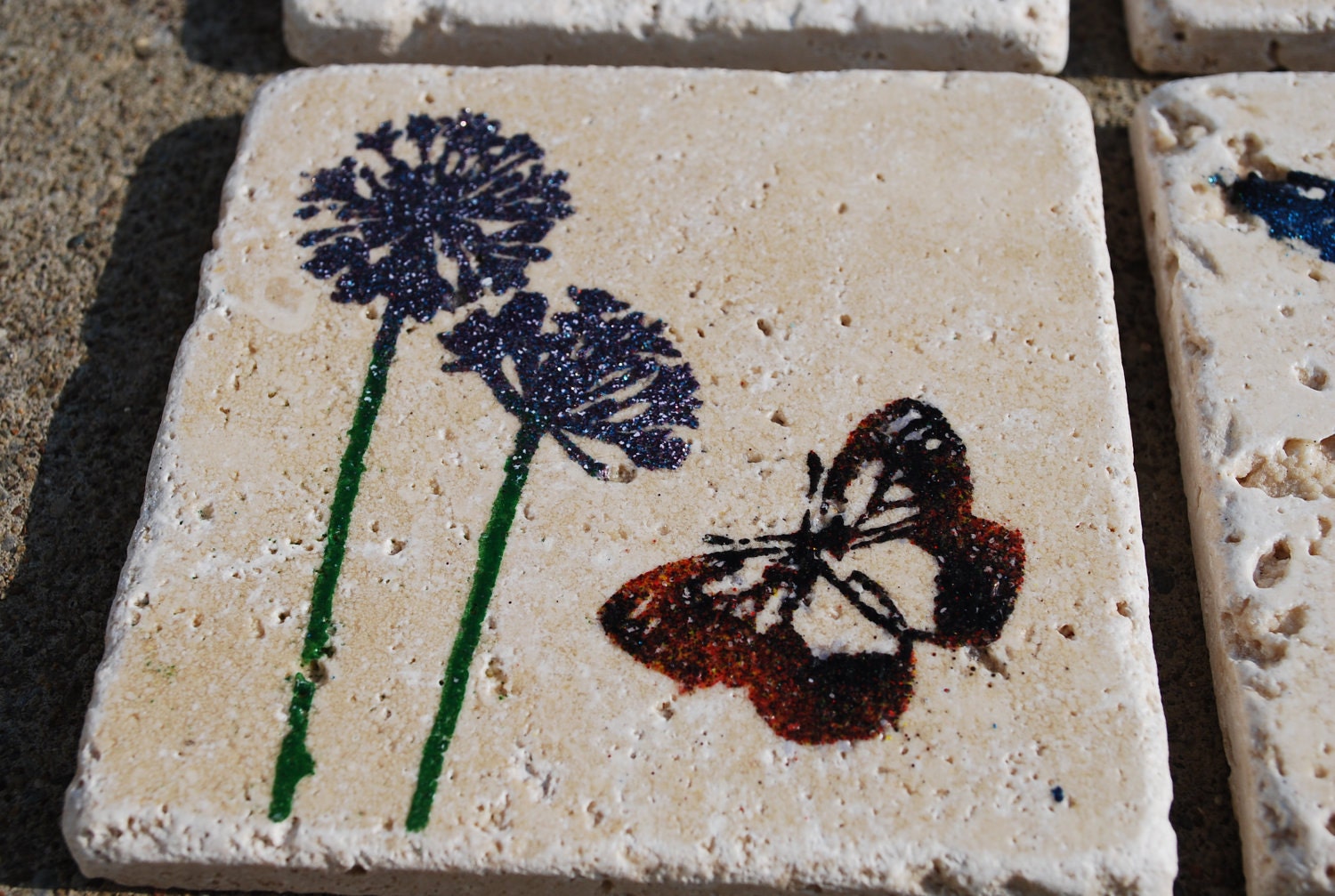 Natural Stone Butterfly Garden Drink Coaster (Set of 4)