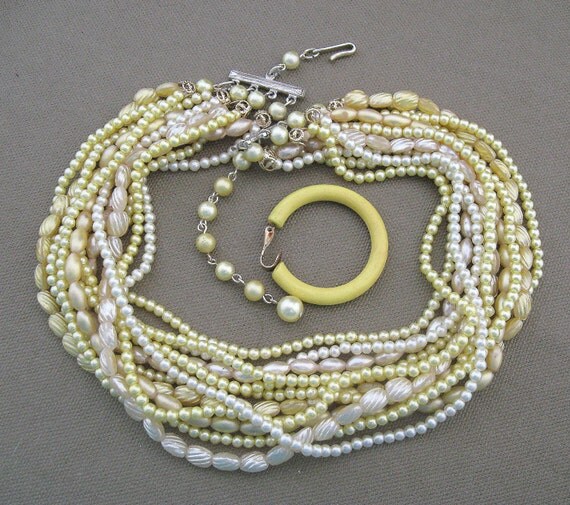 Yellow Japan Beaded Necklace Earrings Set Multi Strand